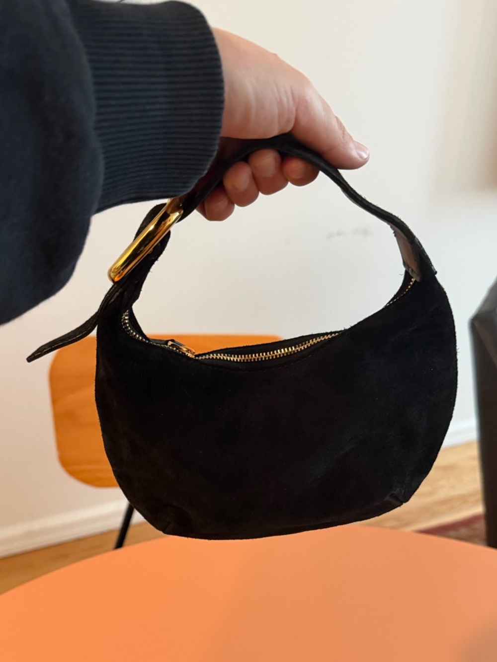 Madewell Black Suede Crescent Mini Bag with Gold Buckle